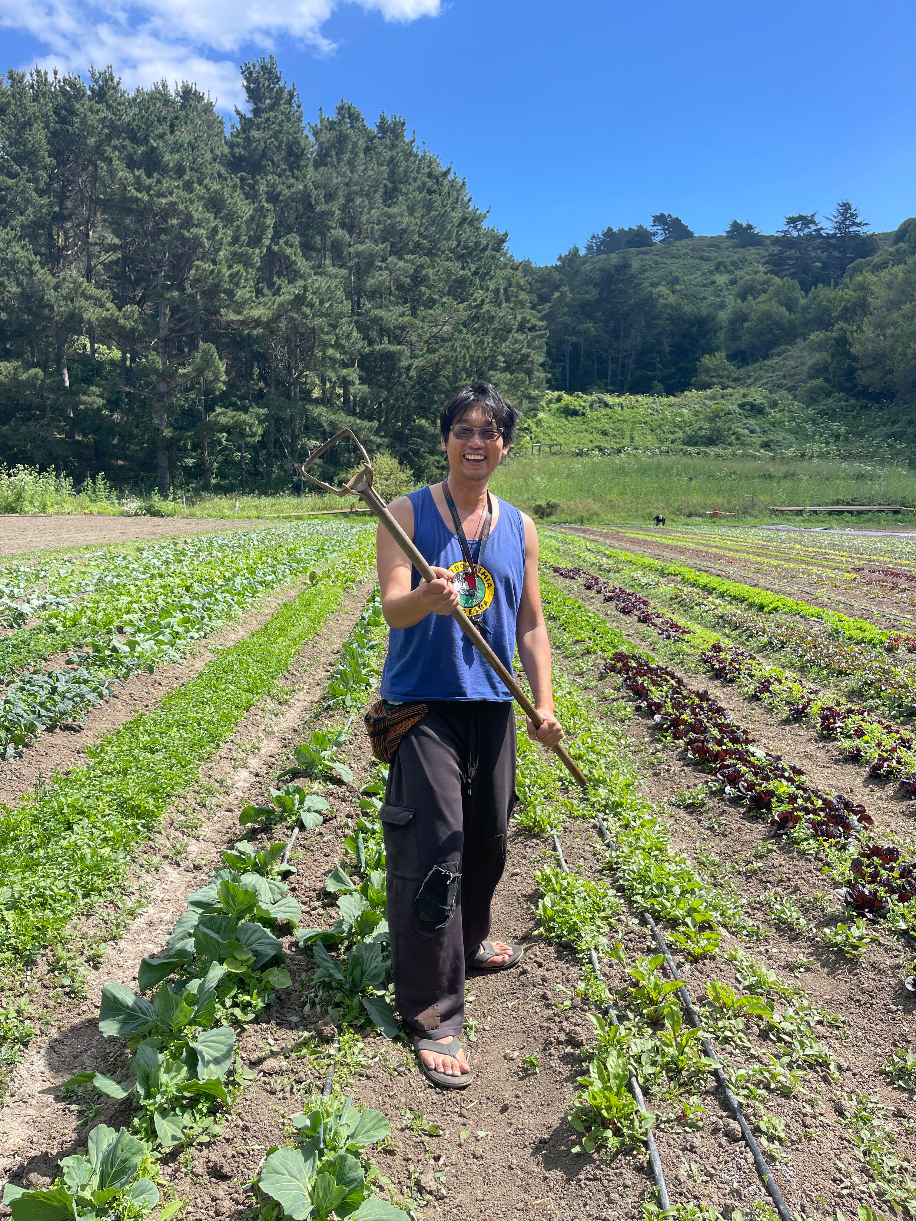 Gary working the soil with a hoe at the Green Gulch Farm Zen Center